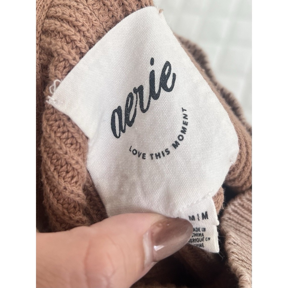 Aerie Ribbed Knit Sweater Balloon Sleeve CrewNeck Brown Cozy Casual Lounge Top M - Picture 8 of 10